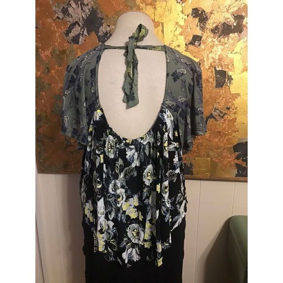 Free People Womens Large Cold Shoulder Blouse Top Black Yellow Floral Tie-Neck - Picture 3 of 6